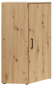 Eckkommode aus hellem Holz mit natürlicher Maserung, zwei Türen und schwarzem Griff, Frontalansicht