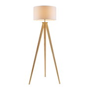 Moderne Stehleuchte mit dreibeinigem Holzgestell und rundem, cremefarbenem Lampenschirm, frontal abgebildet.