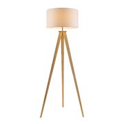 Moderne Stehleuchte mit dreibeinigem Holzgestell und rundem, cremefarbenem Lampenschirm, frontal abgebildet.