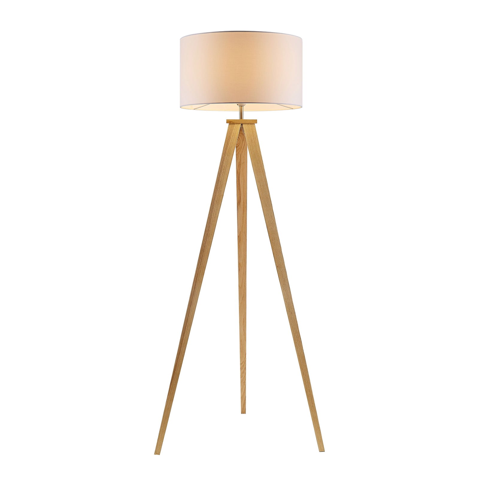 Moderne Stehleuchte mit dreibeinigem Holzgestell und rundem, cremefarbenem Lampenschirm, frontal abgebildet.