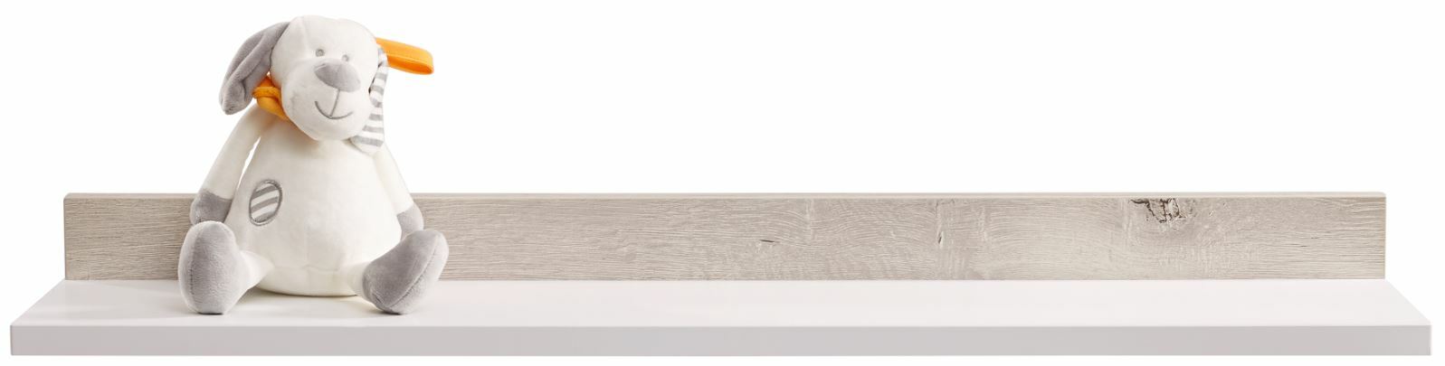 Wandboard mit hellem Holzdesign, frontal abgebildet, mit einem Plüschtier darauf.