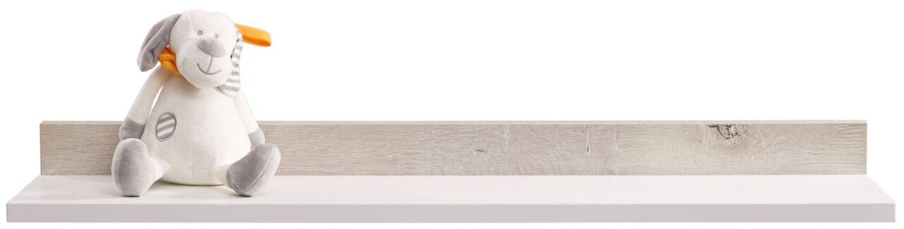 Wandboard mit hellem Holzdesign, frontal abgebildet, mit einem Plüschtier darauf.