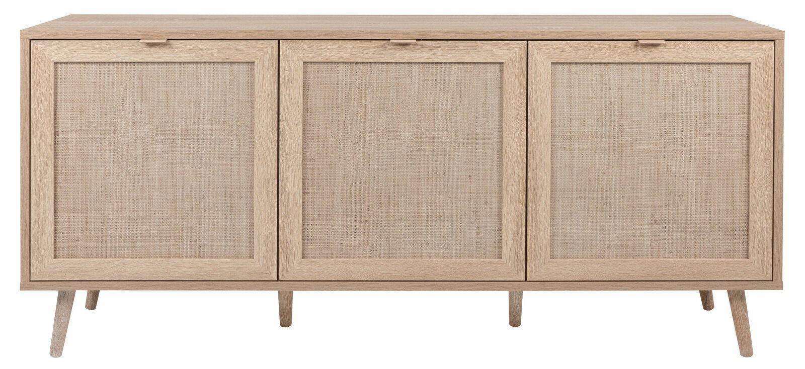 Frontale Ansicht eines modernen Sideboards mit drei Türen, hellem Holzrahmen und gewebten Fronten.