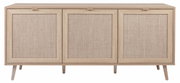 Frontale Ansicht eines modernen Sideboards mit drei Türen, hellem Holzrahmen und gewebten Fronten.