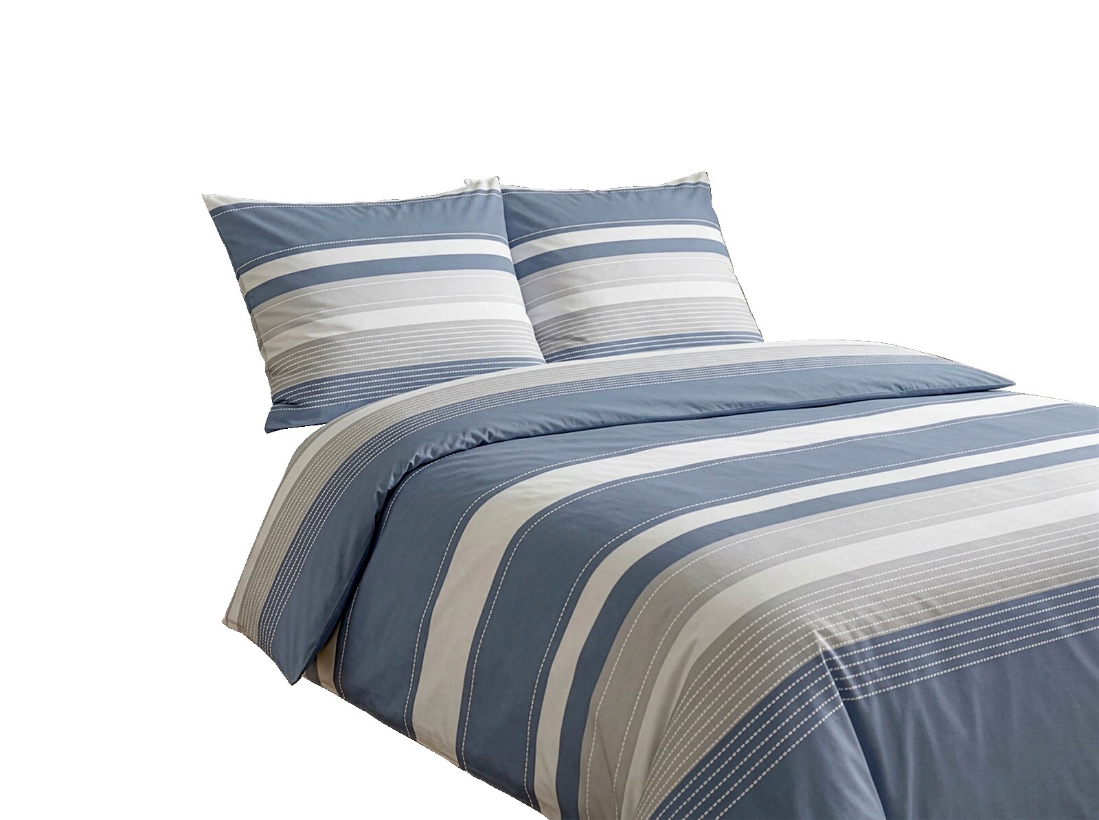 s.Oliver Beddengoed Blauw-wit-grijs gestreept dekbedovertrek met bijpassende kussenslopen op een opgemaakt bed, schuin van voren gefotografeerd in een moderne slaapkamer.