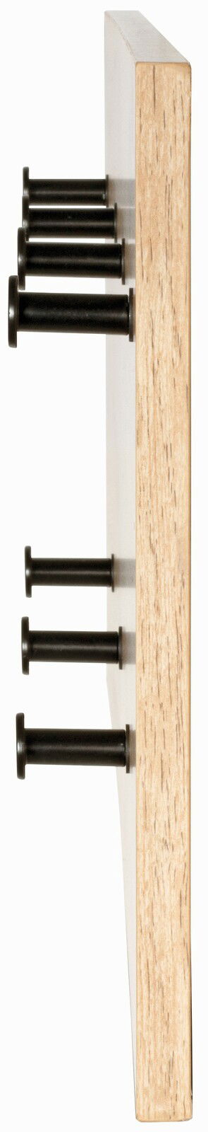Seitenansicht einer Wandgarderobe mit mehreren schwarzen Haken auf einer Holzplatte.