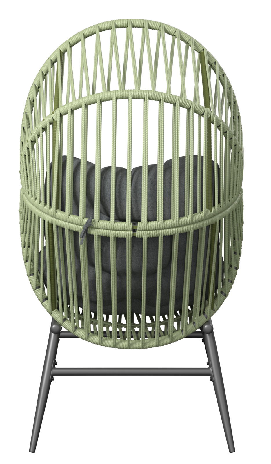 Rückansicht eines modernen Gartensessels mit grünem Geflecht und grauem Kissen.