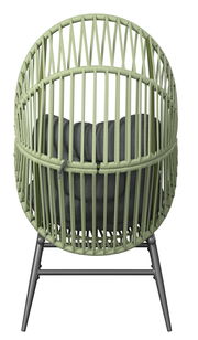 Rückansicht eines modernen Gartensessels mit grünem Geflecht und grauem Kissen.