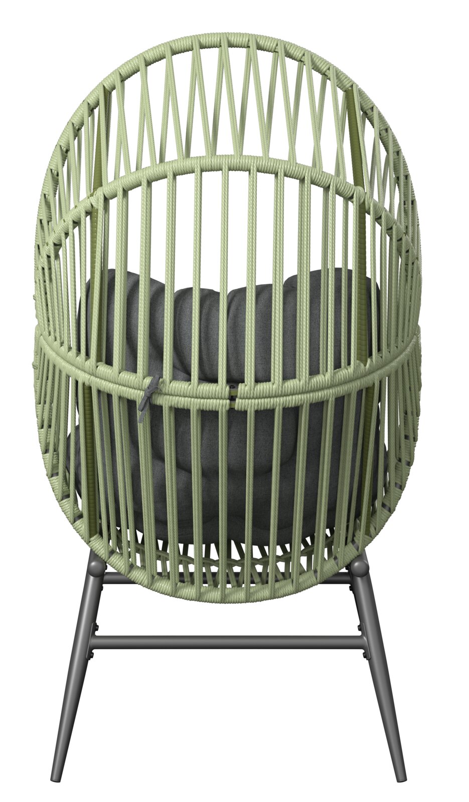 Rückansicht eines modernen Gartensessels mit grünem Geflecht und grauem Kissen.