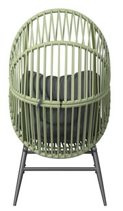 Rückansicht eines modernen Gartensessels mit grünem Geflecht und grauem Kissen.