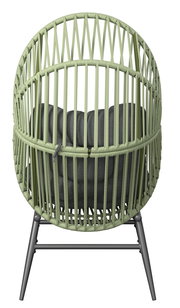 Rückansicht eines modernen Gartensessels mit grünem Geflecht und grauem Kissen.