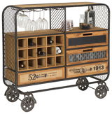 Roll-Kommode mit industriellem Design, ausgestattet mit Weinregal, Glashalter und Schubladen, seitliche Perspektive