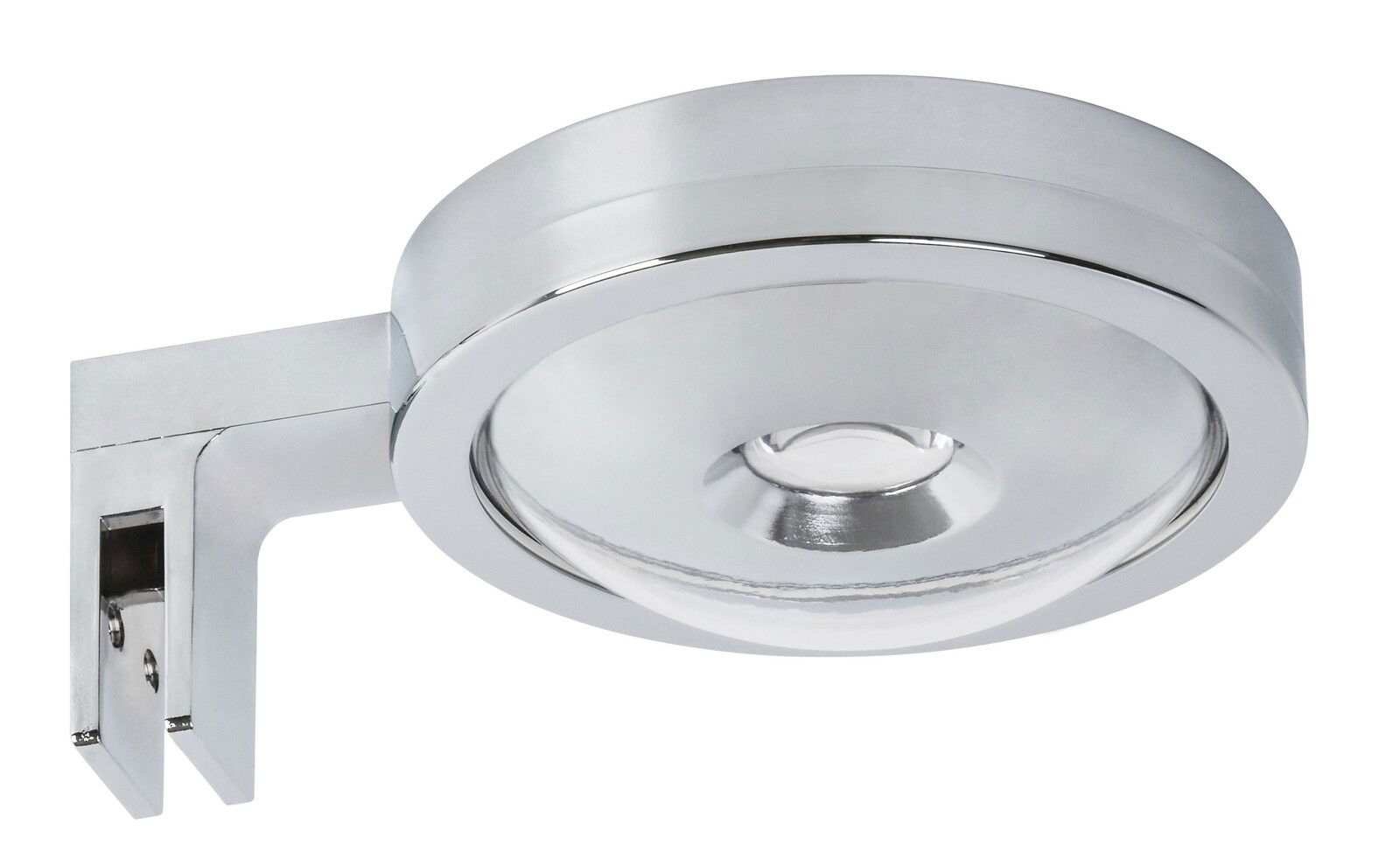 Megatron LED-Bad- / Spiegelklemmleuchte IL NOSTRO LED Bad- und Spiegelklemmleuchte in seitlicher Perspektive, silbernes, rundes Design mit klarer Linse.