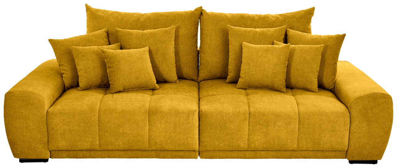 Großes, gelbes Big-Sofa mit mehreren Kissen, Frontalansicht