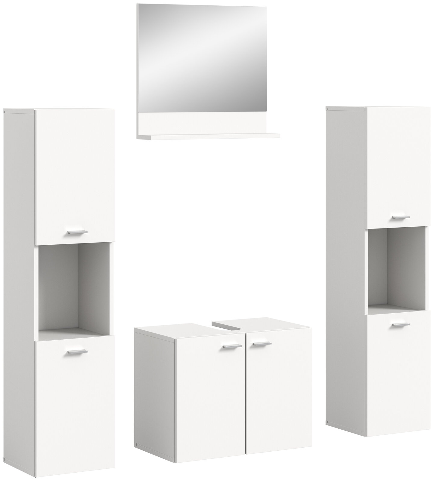 MID.YOU Badkombination BOSTON Weiße Badkombination BOSTON bestehend aus zwei hohen Schränken, einem Spiegelschrank und einem Unterschrank, frontal abgebildet.