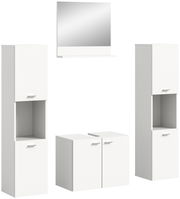 Weiße Badkombination BOSTON bestehend aus zwei hohen Schränken, einem Spiegelschrank und einem Unterschrank, frontal abgebildet.