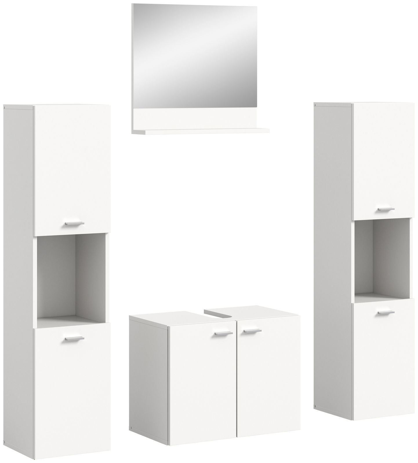 Weiße Badkombination BOSTON bestehend aus zwei hohen Schränken, einem Spiegelschrank und einem Unterschrank, frontal abgebildet.