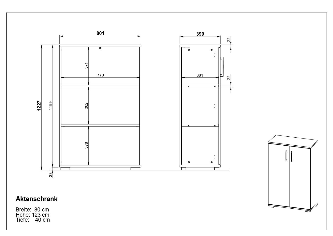 Zeichnung eines Aktenschranks mit den Maßen Breite: 80 cm, Höhe: 123 cm, Tiefe: 40 cm, in Vorder- und Seitenansicht.