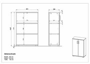 Zeichnung eines Aktenschranks mit den Maßen Breite: 80 cm, Höhe: 123 cm, Tiefe: 40 cm, in Vorder- und Seitenansicht.