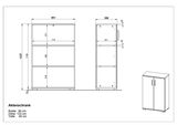 Zeichnung eines Aktenschranks mit den Maßen Breite: 80 cm, Höhe: 123 cm, Tiefe: 40 cm, in Vorder- und Seitenansicht.