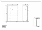 Zeichnung eines Aktenschranks mit den Maßen Breite: 80 cm, Höhe: 123 cm, Tiefe: 40 cm, in Vorder- und Seitenansicht.