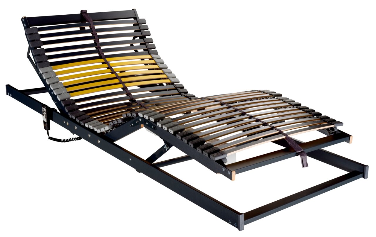 Elektrisch verstellbarer Federholzrahmen in seitlicher Perspektive mit Fernbedienung, geeignet für Matratzen 140x200 cm.
