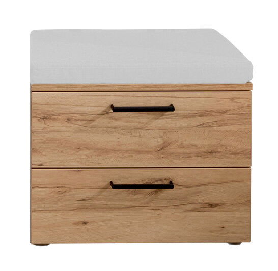 Moderano Garderobenbank ALMADA Garderobenbank aus Holz mit zwei Schubladen und gepolsterter Sitzfläche, frontale Ansicht