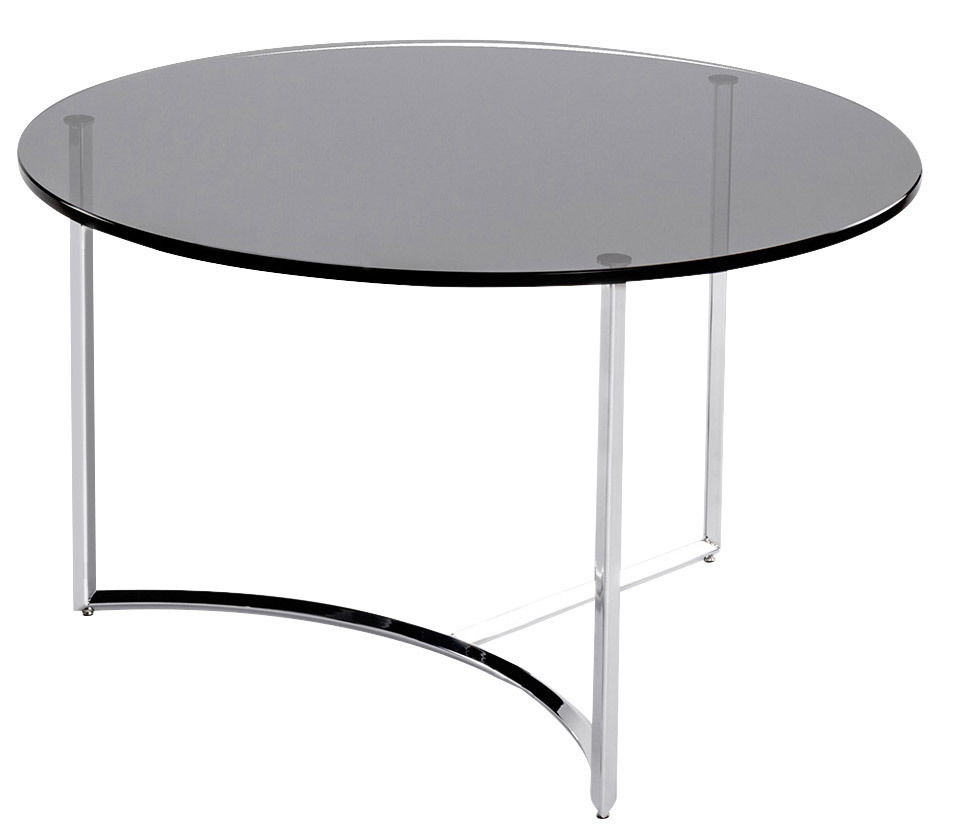 Runder Couchtisch mit schwarzer Glasplatte und silbernem Metallgestell, seitliche Perspektive