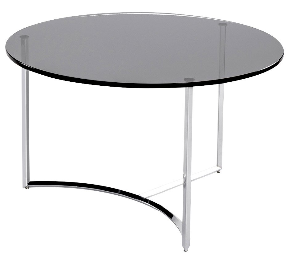Runder Couchtisch mit schwarzer Glasplatte und silbernem Metallgestell, seitliche Perspektive