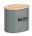 Graue Badbox Gara mit Holzdeckel, Aufschrift 'BATH KEEP CLEAN', seitliche Perspektive
