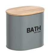 Graue Badbox Gara mit Holzdeckel, Aufschrift 'BATH KEEP CLEAN', seitliche Perspektive