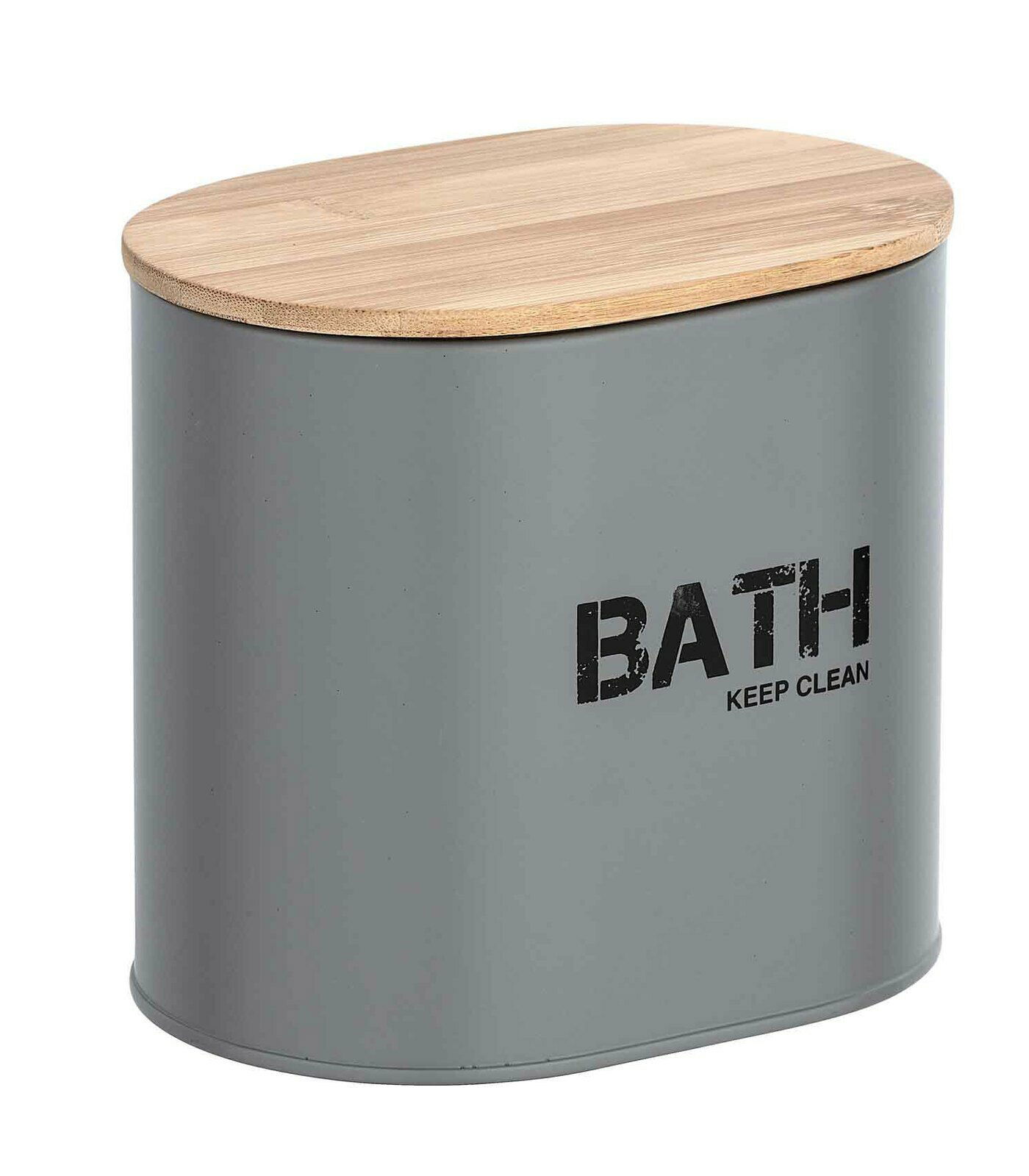 Wenko Badbox mit Deckel GARA Graue Badbox Gara mit Holzdeckel, Aufschrift 'BATH KEEP CLEAN', seitliche Perspektive