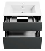 Moderne Badkombination mit weißem Waschbecken und zwei offenen Schubladen, Ansicht von vorne