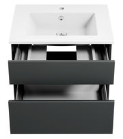 Moderne Badkombination mit weißem Waschbecken und zwei offenen Schubladen, Ansicht von vorne