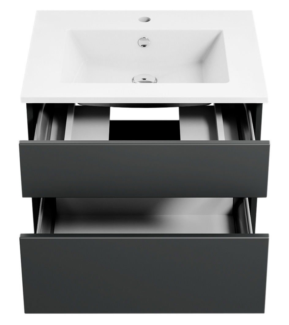 Moderne Badkombination mit weißem Waschbecken und zwei offenen Schubladen, Ansicht von vorne