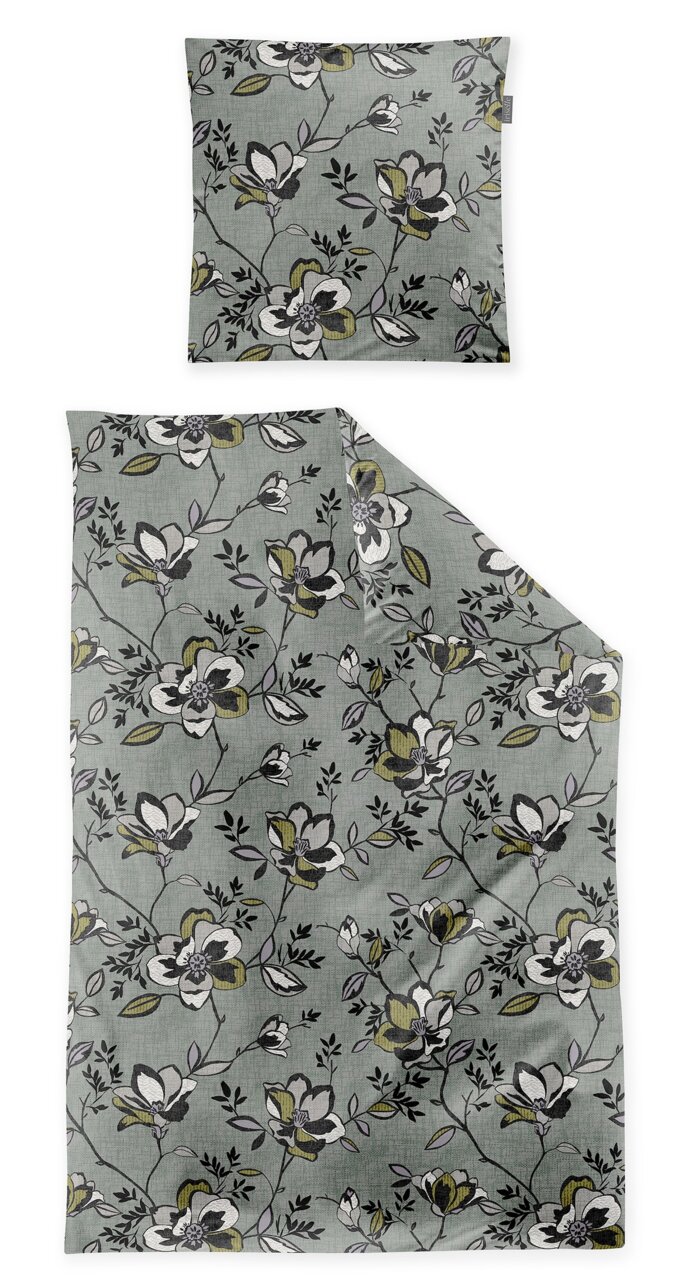 Bettwäsche-Set mit floralem Muster in Grau- und Grüntönen, bestehend aus einem Kissenbezug und einem Bettdeckenbezug, aus der Vogelperspektive fotografiert.