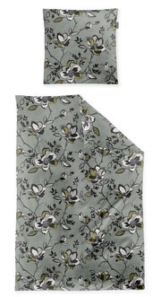 Bettwäsche-Set mit floralem Muster in Grau- und Grüntönen, bestehend aus einem Kissenbezug und einem Bettdeckenbezug, aus der Vogelperspektive fotografiert.