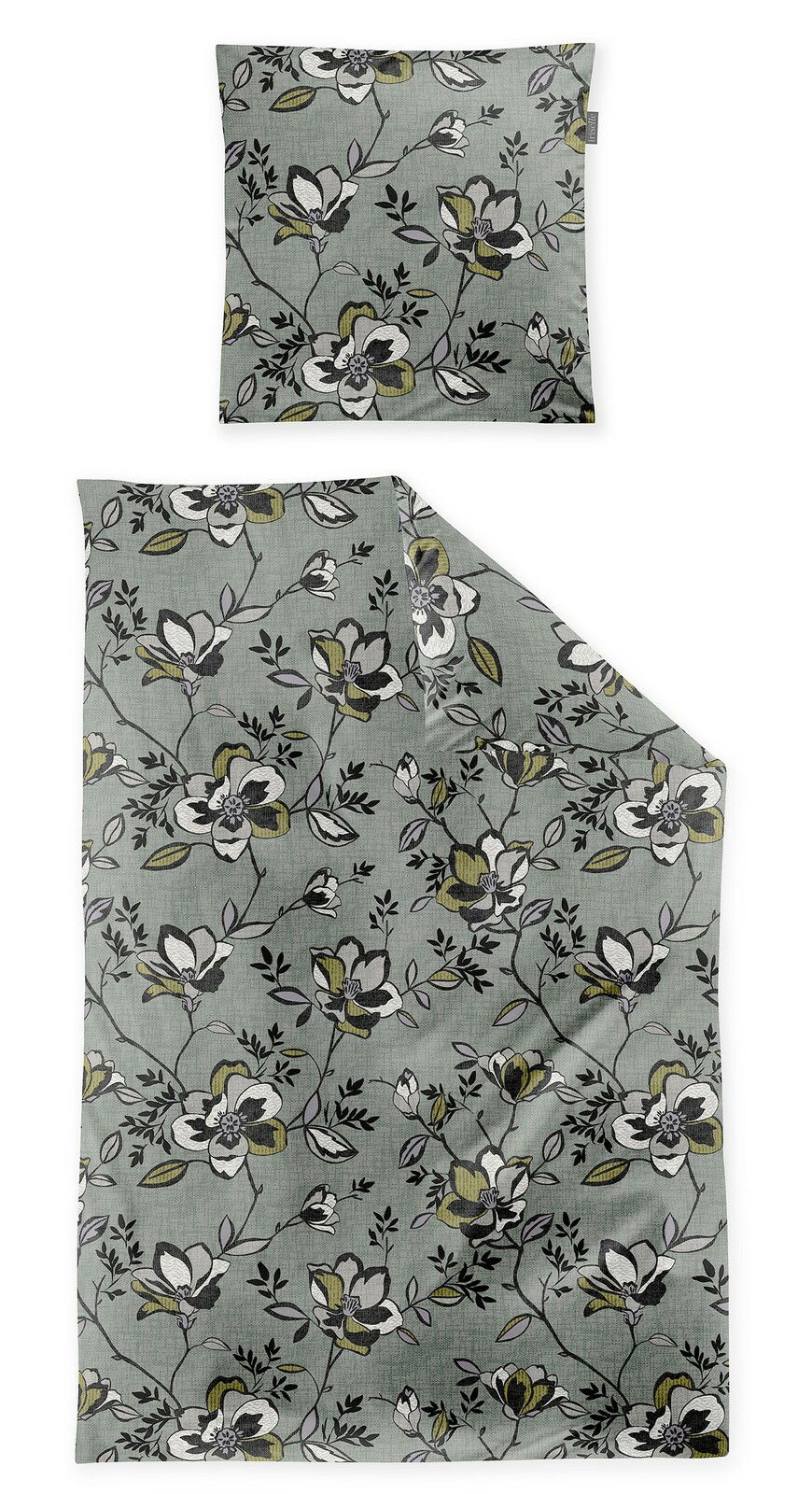Bettwäsche-Set mit floralem Muster in Grau- und Grüntönen, bestehend aus einem Kissenbezug und einem Bettdeckenbezug, aus der Vogelperspektive fotografiert.