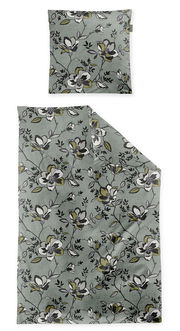 Bettwäsche-Set mit floralem Muster in Grau- und Grüntönen, bestehend aus einem Kissenbezug und einem Bettdeckenbezug, aus der Vogelperspektive fotografiert.