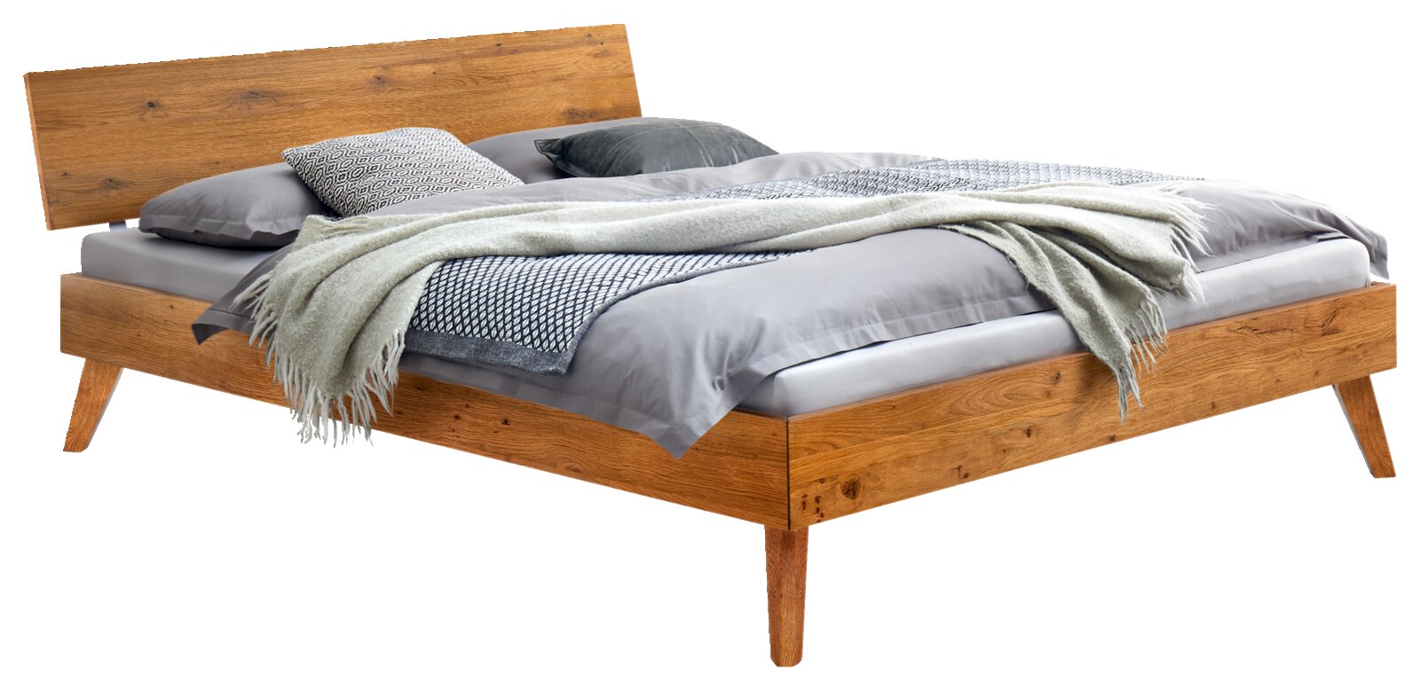 Houten bedframe met hoofdeinde, zijaanzicht, grijs beddengoed en kussens