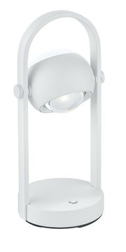 Weiße Akku-Tischleuchte Musterring CANNON, seitliche Perspektive, modernes Design mit rundem Leuchtkopf und Tragegriff.