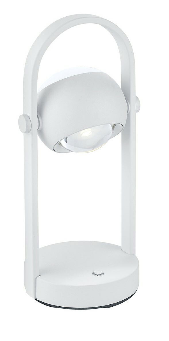 Weiße Akku-Tischleuchte Musterring CANNON, seitliche Perspektive, modernes Design mit rundem Leuchtkopf und Tragegriff.