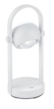 Witte accu-tafellamp Musterring CANNON, zijaanzicht, modern ontwerp met ronde lampkop en handvat.