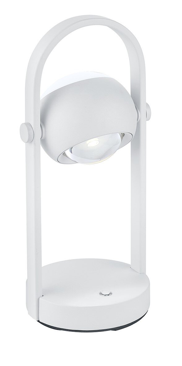 Witte accu-tafellamp Musterring CANNON, zijaanzicht, modern ontwerp met ronde lampkop en handvat.