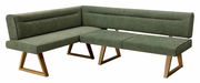 Grüne Eckbank mit Holzbeinen, seitliche Perspektive