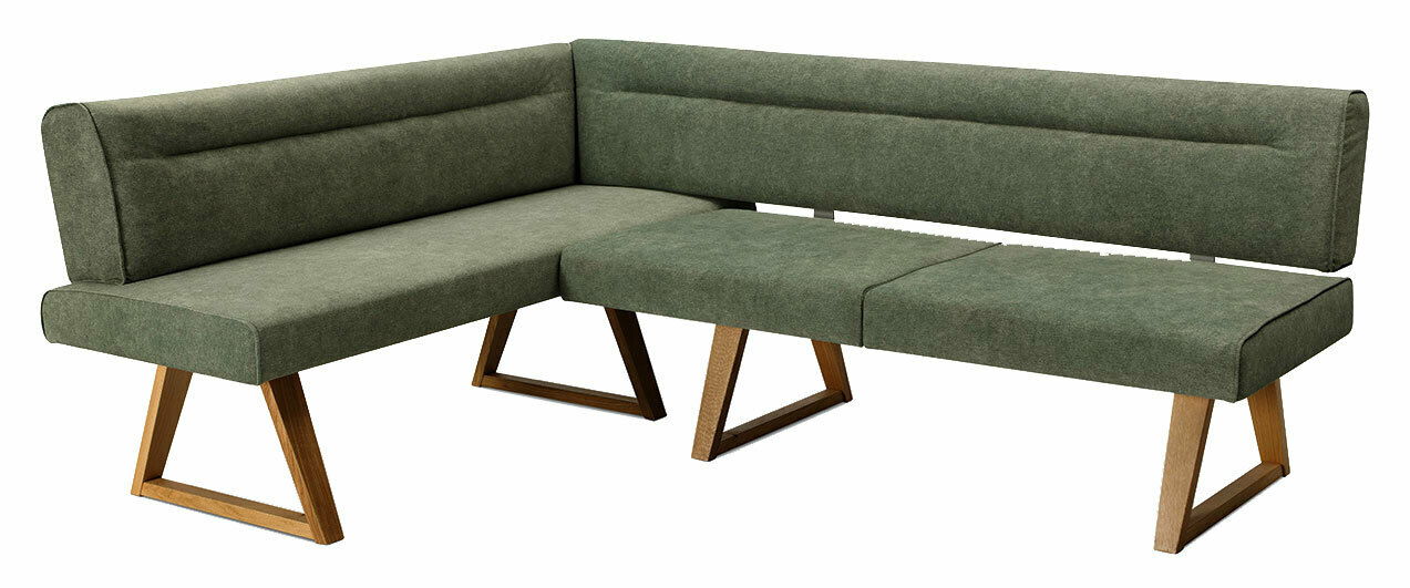 Grüne Eckbank mit Holzbeinen, seitliche Perspektive