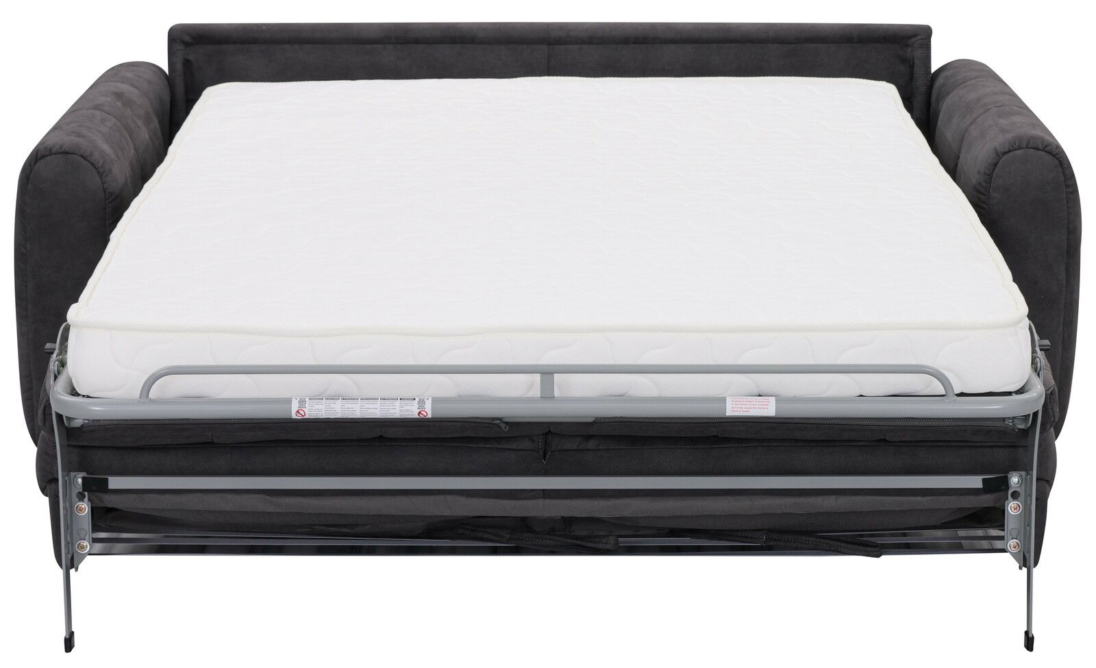 Frontale Ansicht eines ausgeklappten Funktionssofas Z2 Schlafsofa HELENA mit weißer Matratze und grauem Gestell.