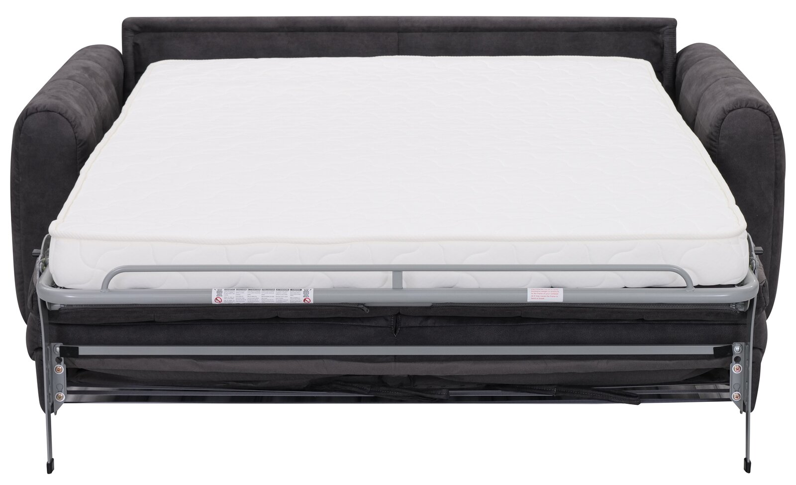 Frontale Ansicht eines ausgeklappten Funktionssofas Z2 Schlafsofa HELENA mit weißer Matratze und grauem Gestell.