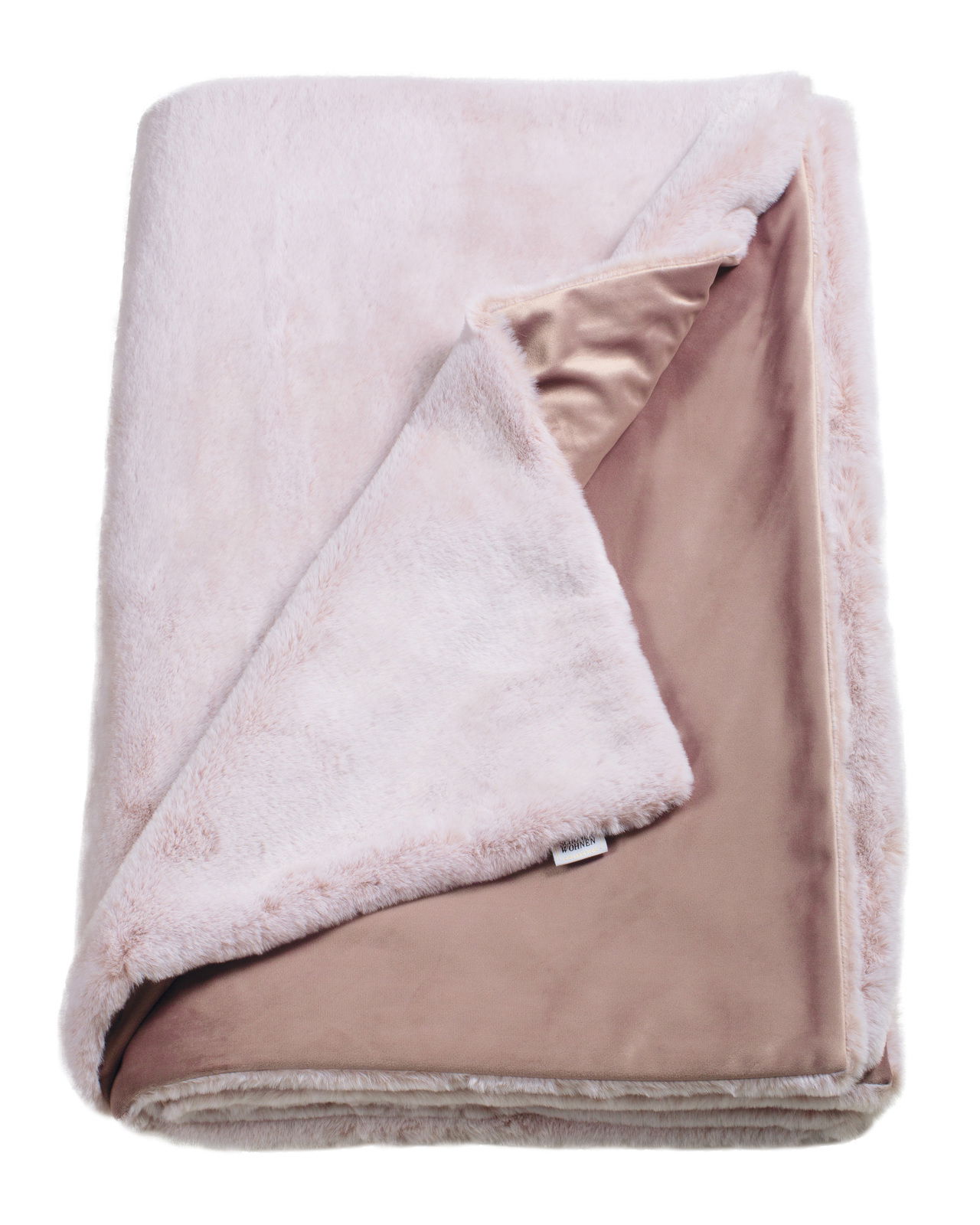 Weiche, rosa Kuscheldecke mit samtiger Innenseite, ausgebreitet und teilweise gefaltet, Draufsicht.