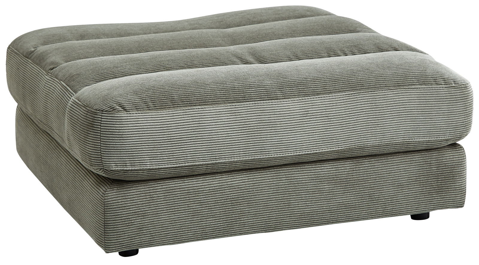 Grauer, quadratischer Hocker aus Cordstoff, seitliche Perspektive